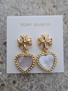 Tory Burch Heart Drop Earrings Gold Tone Mother of Pearl Logo Statement